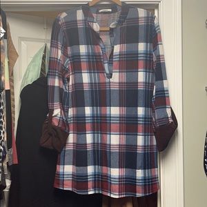 Eloges Wine and Denim Blue plaid split neck tunic